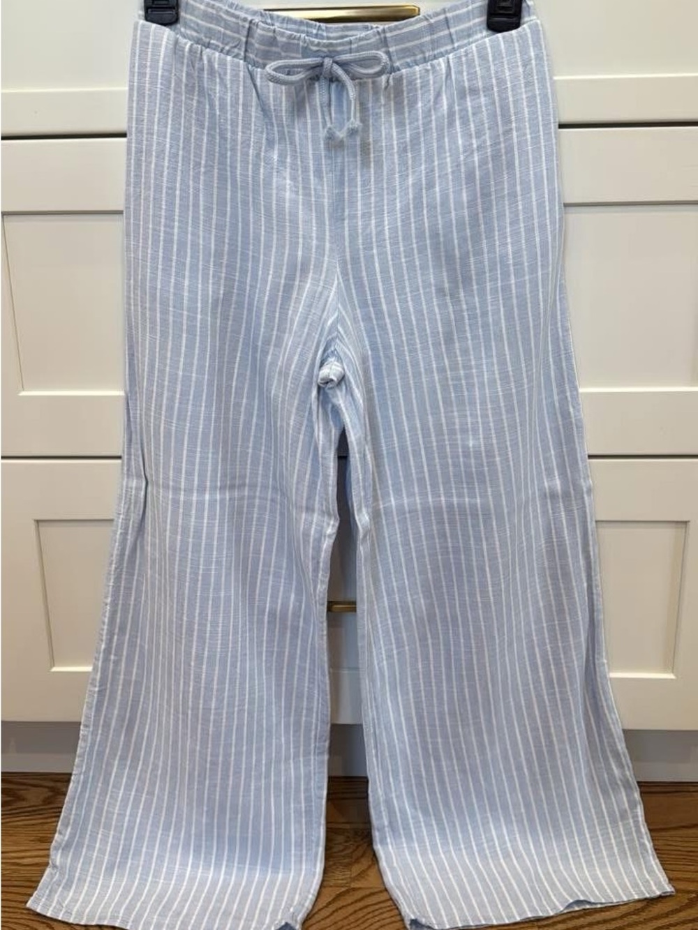 Light Blue Pinstripe Wide Leg Linen Pants